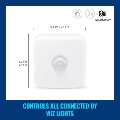 Front view of Indoor Motion Sensor Pack Of 2 For Smart Lighting That Flips Lights On When You Walk By And Off When You Leave Auto On Auto Off 2.4 GHz Wi Fi Connected Works With Smart Home Lights Batteries Included White with dimensions 6.2 cm x 6.2 cm