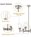 Detailed view of Six Light Contemporary Brushed Nickel Chandelier With Clear Glass Cylinder Shades Modern Pendant Lighting Fixture