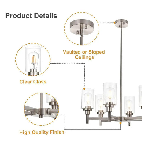 Detailed view of Six Light Contemporary Brushed Nickel Chandelier With Clear Glass Cylinder Shades Modern Pendant Lighting Fixture