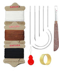 Upholstery Repair Kit With 0.55mm Waxed Thread And Heavy Duty Needles For Leather Canvas And Quilting Includes Three Colors Black White Brown And Seven Tools For DIY Quick Easy Repairs At Home Or On The Go, including threads, needles, and tools.