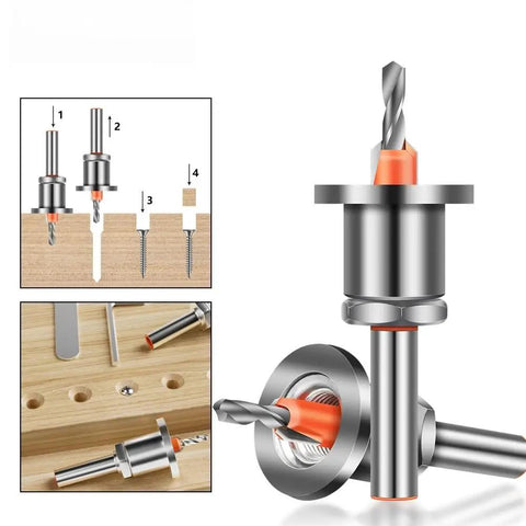 Adjustable Quick Change Countersink Drill Bit Set for Woodworking and DIY Projects 8mm Round Shank, cone bits in wood and close-up view