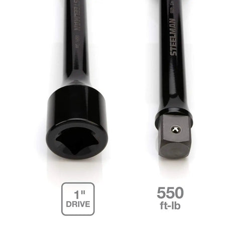 Close-up of 1 Inch Drive 10 Inch Torque Extension for Impact Wrenches, 550 Ft Lb Rating, Black Chrome Moly Steel