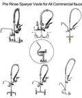 Heavy Hitter Commercial Pre Rinse Sprayer Valve Replacement Kit showing various high-pressure dish spray heads for kitchen use.