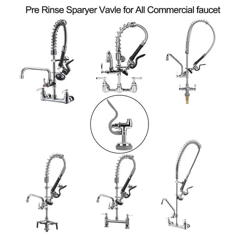 Heavy Hitter Commercial Pre Rinse Sprayer Valve Replacement Kit showing various high-pressure dish spray heads for kitchen use.