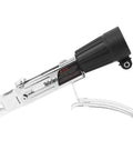 Automatic Chain Nailer With Fifty Chain Nails Adjustable Depth Setting Power Drill Attachment showing side view with chrome finish and black handle.
