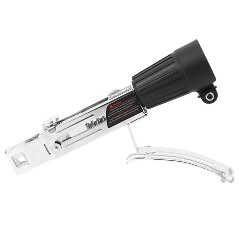 Automatic Chain Nailer With Fifty Chain Nails Adjustable Depth Setting Power Drill Attachment showing side view with chrome finish and black handle.