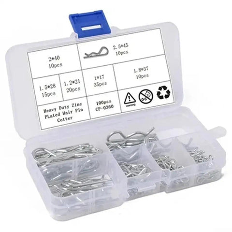 R Type Cotter Pin Kit With 100 Pcs Galvanized Carbon Steel Wave Locking Pins in 6 Sizes, inside heavy-duty storage case.