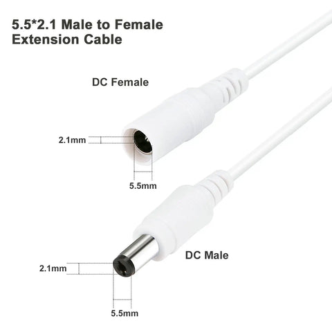 White 33Ft DC power extension cable 2.1mm x 5.5mm plug for 12V adapters, CCTV, IP cameras, DVRs, close-up of female to male connectors