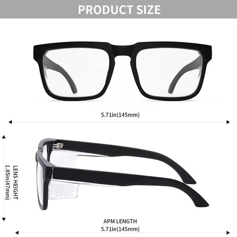 Boss Level Heavy Duty Z87 Construction Safety Glasses Featuring Antifog Photochromic Uv400 Lenses And Blue Light Blocking Shield size chart with dimensions.