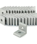 Beefy Two Hole Inside Corner Bracket For T Slot Aluminum Extrusions in clear anodized finish, 90-degree angle, showing stack and single piece view.