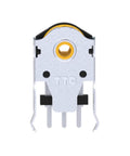 Rotary Scroll Gold Wheel Encoder For PC With 7 To 16 Mm Size Range, 1.74 Mm Hole Mark, 20 To 40 G Operating Force, High Precision Wheel Click For DIY Computer Builds, Slick Tactile Scroll Wheel For Gamers And Engineers. Front view of gold rotary scroll wheel encoder with three pins