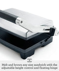 Brushed Stainless Steel Panini Maker With Dual Independent Heating Zones For Even Grilling And Toasting, adjustable height control detail.