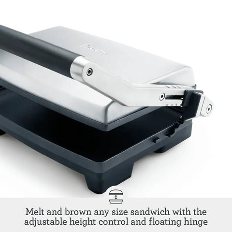 Brushed Stainless Steel Panini Maker With Dual Independent Heating Zones For Even Grilling And Toasting, adjustable height control detail.