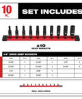 Rock Solid 10 Piece Impact Socket Set For Milwaukee Drivers With Dual Hole Design And Groove To Keep Things Snug Plus Non Slip Hex Fitment That Handles Heavy Torque Jobs Without Fail. 10-piece 1/4in drive deep sockets on rail