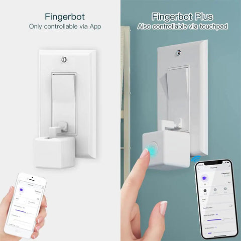 Fingerbot Plus Smart Button Pusher No Wiring Switch Upgrade With Touch Control For Retrofits Stick On Retrofit To Any Appliance Works With Smart Life App And Tuya Bluetooth Hub Alexa Google Home Compatible Timer Control, shown on a switch with app control.