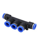 20 Pack 5-Way Pneumatic Push In Tube Fitting Kit For 4 6 8 10 And 12mm Hoses. This Sweet Distribution Manifold Is Total Flex For Your Air Tools And Automation Projects To Get Stuff Done Fast. Perfect For Connecting Lines With A Snap And No, black 5-way pneumatic push-in tube manifold with blue ports