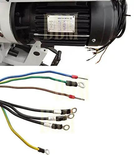 Close-up of 1.5 HP motor for Badass 3 Phase Cold Saw with labeled wiring connections and motor details.