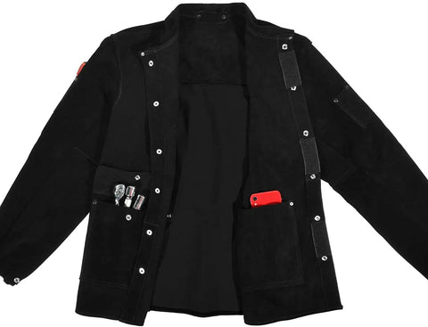Heavy Duty Black Leather Welding Jacket Built Tough With Flame Retardant Split Cowhide Leather From Neck To Waist Size Small