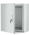 Heavy Duty Steel Electrical Enclosure With Weatherproof Lockable Build And Din Rail Mount For Solar And Industrial Wiring Offers Built Different Corrosion Shield For Wall Installations, showing open door and key lock.