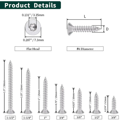 Number 6 X 3/4 Inch Flat Head Torx T15 Self Tapping Screws For Wood And Sheet Metal Tough As Nails 304 Stainless Steel product detail image.