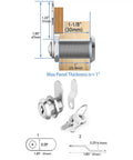 Top Shelf 2 Pack Keyed Alike Cam Locks One Eighth Inch Zinc Alloy Cabinet Hardware For Toolboxes Desks And Mailboxes, showing dimensions and keys.