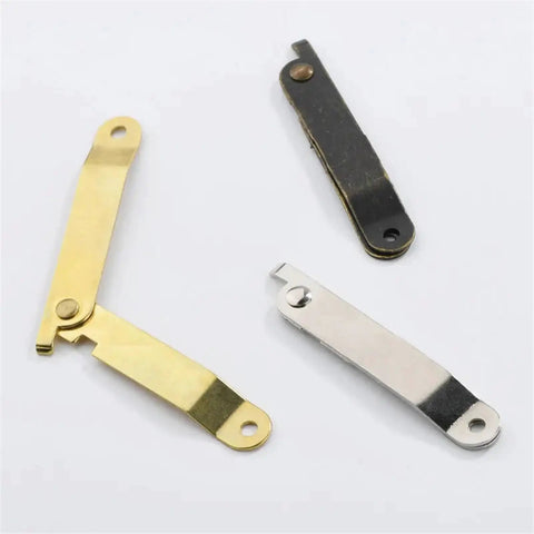 Two Pack Wooden Box Hinges For Lid Folding Positioning And Tripod Support Pro Grade Corner Hardware in gold and black steel