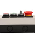 Must Have Push Button Control Station With Emergency Stop Mushroom Latching, red mushroom E stop, red green start stop buttons, 22mm panel