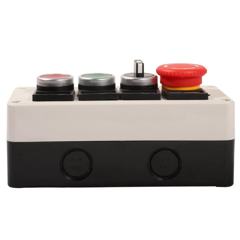 Must Have Push Button Control Station With Emergency Stop Mushroom Latching, red mushroom E stop, red green start stop buttons, 22mm panel