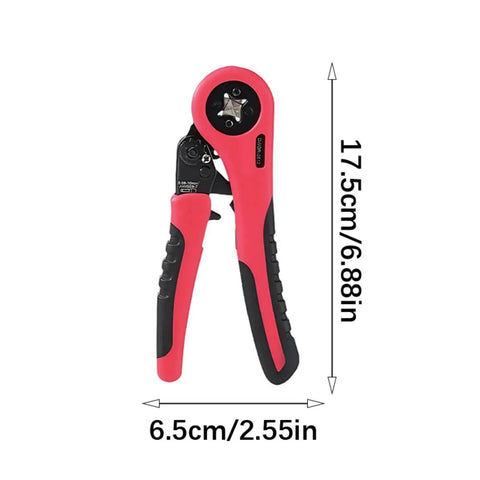 Pro Multifunctional Carbon Steel Crimping Pliers Ergonomic Hand Tool For Electricians And Automotive Technicians in red and black design, 17.5cm long.