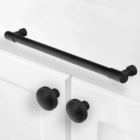 Two Pack Matte Black Cabinet Pulls With 12.6 Inch 320mm Hole Centers, Aluminum Kitchen Cabinet Handles, Black Drawer Pulls For Cabinets, Slick Modern Hardware Upgrade shown installed