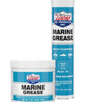 Lucas Oil Marine Grease 1 lb tub and tall blue-and-white cartridge, front view.