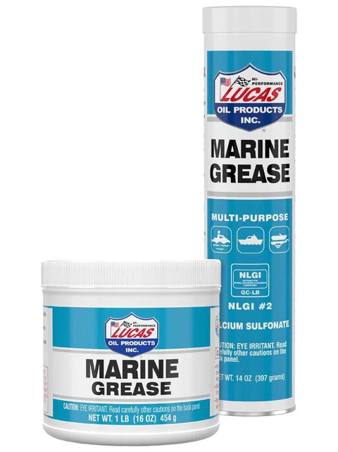 Lucas Oil Marine Grease 1 lb tub and tall blue-and-white cartridge, front view.