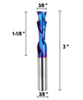 Three Eighths Inch Shank Compression CNC Router Bits Carbide Spiral End Mill Up and Down Cut Nano Blue Coated, dimensions shown