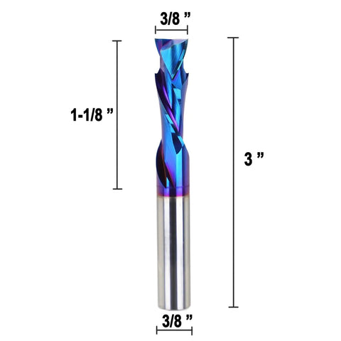 Three Eighths Inch Shank Compression CNC Router Bits Carbide Spiral End Mill Up and Down Cut Nano Blue Coated, dimensions shown