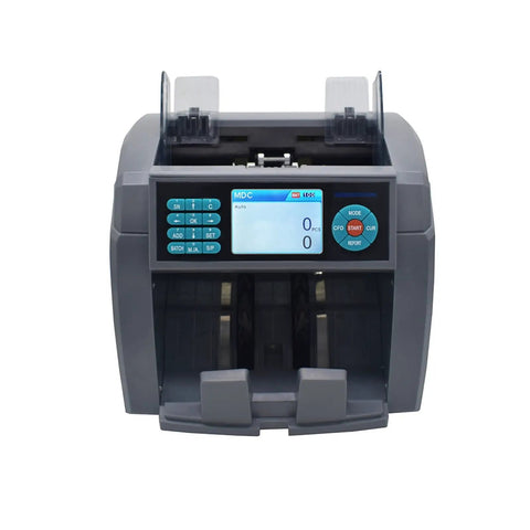 Front view of Boss Level Money Counter Machine For Mixed Bank Bills CIS Optical Sensor, with LCD display and bill hoppers.