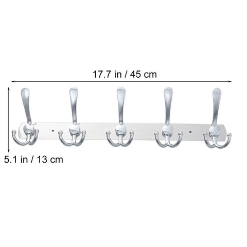 Two Piece Five Hook Wall Mounted Coat Rack Made From Solid Stainless Steel Featuring A Polished Mirror Finish Great For Bathrooms Bedrooms And Hallways A Real Deal Storage Solution - 17.7 in length with five hooks.