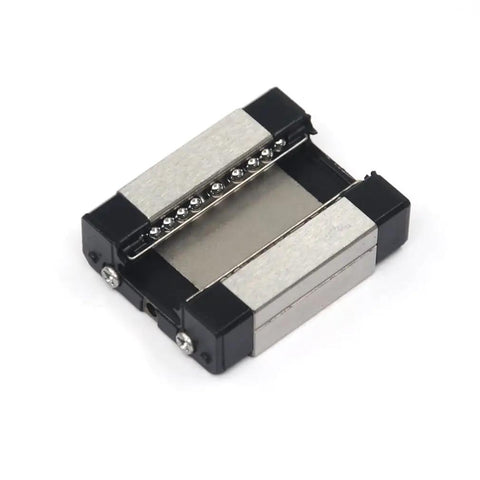 Close-up of black MGN12C carriage block, part of 350mm MGN12 Linear Rail Guide With Dual MGN12C Carriage Blocks For 3D Printers And CNC Machines.