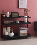 Top Shelf Iron Industrial Bookshelf Featuring a Sleek Narrow Frame Ideal for Living Room Entryways and Foyer Organization Multi Level Floor Storage Rack, showcasing decor and storage.