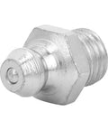 Close-up of single plated steel grease nipple from 10 Pack Grease Nipple Fittings In Plated Steel, Leak Proof M8 Straight, side view.