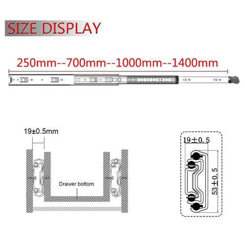 Detailed size display for No Nonsense Heavy Duty Ball Bearing Drawer Slides With Solid Locking Feature, showing lengths and dimensions.