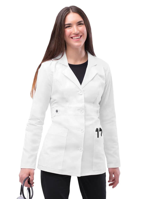 Woman wearing Universal Stretch Lab Coat For Women, 28 Inch Tab Waist Medical Coat, White, Size M, holding stethoscope
