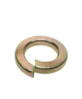 Grade 8 Hardened Yellow Zinc Plated Steel Split Lock Washers 7/16 Inch showing single piece with tough grip for construction use.