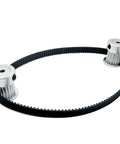 Heavy Duty Two GT 20 Tooth Timing Pulley Kit With 1:1 Ratio For Smooth Synchronous Drive Featuring 6mm Belt Width Multi Bore Fits 4mm Shaft And 180 Degree Mounting Angle, two silver pulleys with black timing belt