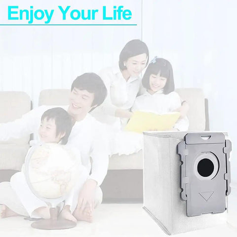12 Pack Vacuum Bags For I And S Series Clean Base in living room setting with family, showing easy fit design and dust containment