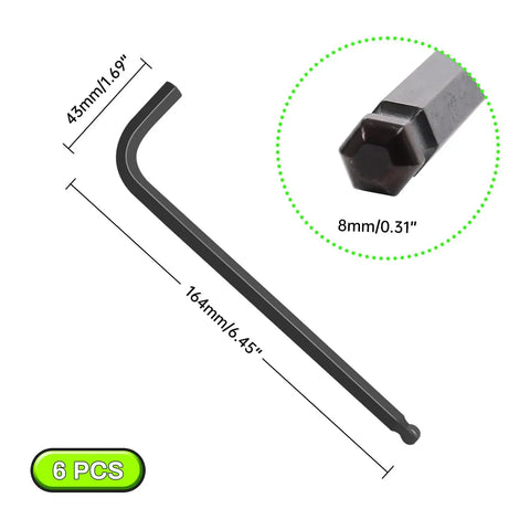 8mm Ball End Hex Keys Set, 6-Piece Long Arm L Shaped Allen Wrenches, Built Beefy From CR-V Steel With Black Oxide Finish, Anti-Corrosion Ready For Automotive And Home Mechanic Projects, 8mm key shown with 164mm length