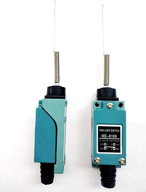 Front and side view of Silver Contact Limit Switch ME-8169 with cat whisker coil spring, 1NC 1NO, 2 pack.