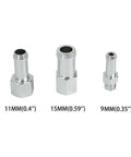 Heavy Duty 2.5L Aluminum Coolant Radiator Overflow Expansion Tank adapters in different sizes: 11MM, 15MM, 9MM, anodized silver finish.