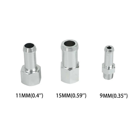 Heavy Duty 2.5L Aluminum Coolant Radiator Overflow Expansion Tank adapters in different sizes: 11MM, 15MM, 9MM, anodized silver finish.