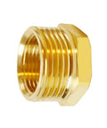 Brass hex bushing reducer angled view 1/2 in NPT female to 3/4 in GHT male garden hose fitting