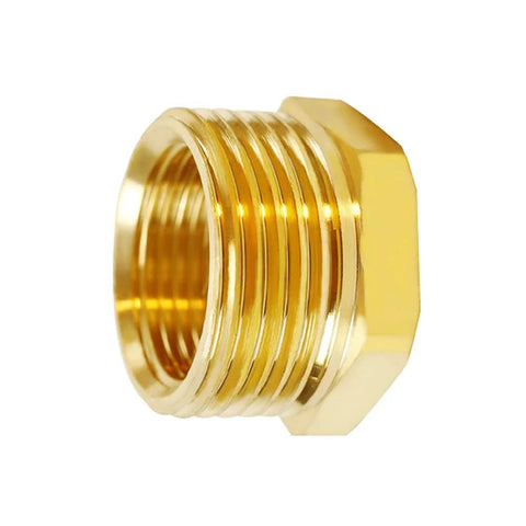 Brass hex bushing reducer angled view 1/2 in NPT female to 3/4 in GHT male garden hose fitting